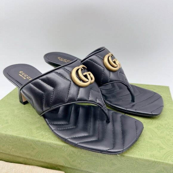 Gucci GG Marmont Chevron Black Kitten Heels Thong Sandals Leather EU 37.5 US 7.5 - Picture 2 of 12